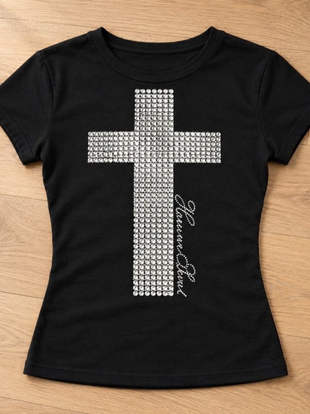 Black rhinestone cross baby tee - y2k bling fitted tee
